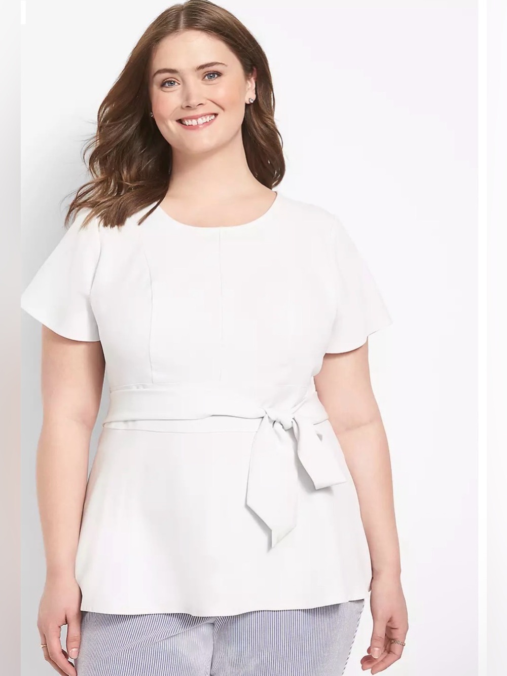 Lane Bryant White Short Sleeve Tie-Front Peplum Top